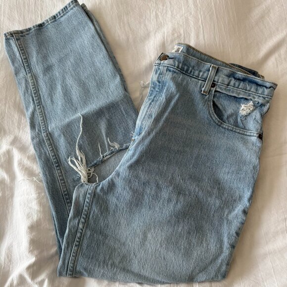 Abercrombie Ultra High Rise 90s Straight Jeans (Light Wash with Ripped Knees) - Picture 2 of 7